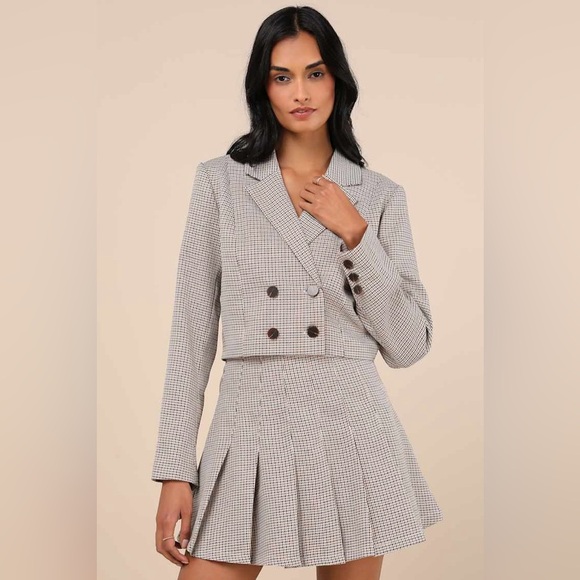 Lulus Convincingly Poised Brown Plaid Double-Breasted Cropped Blazer Size M NWT - Picture 2 of 8